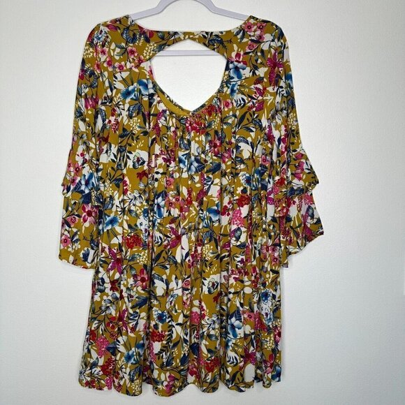 Entro Mini Dress Floral Yellow Bell Sleeve Size L - Picture 3 of 9